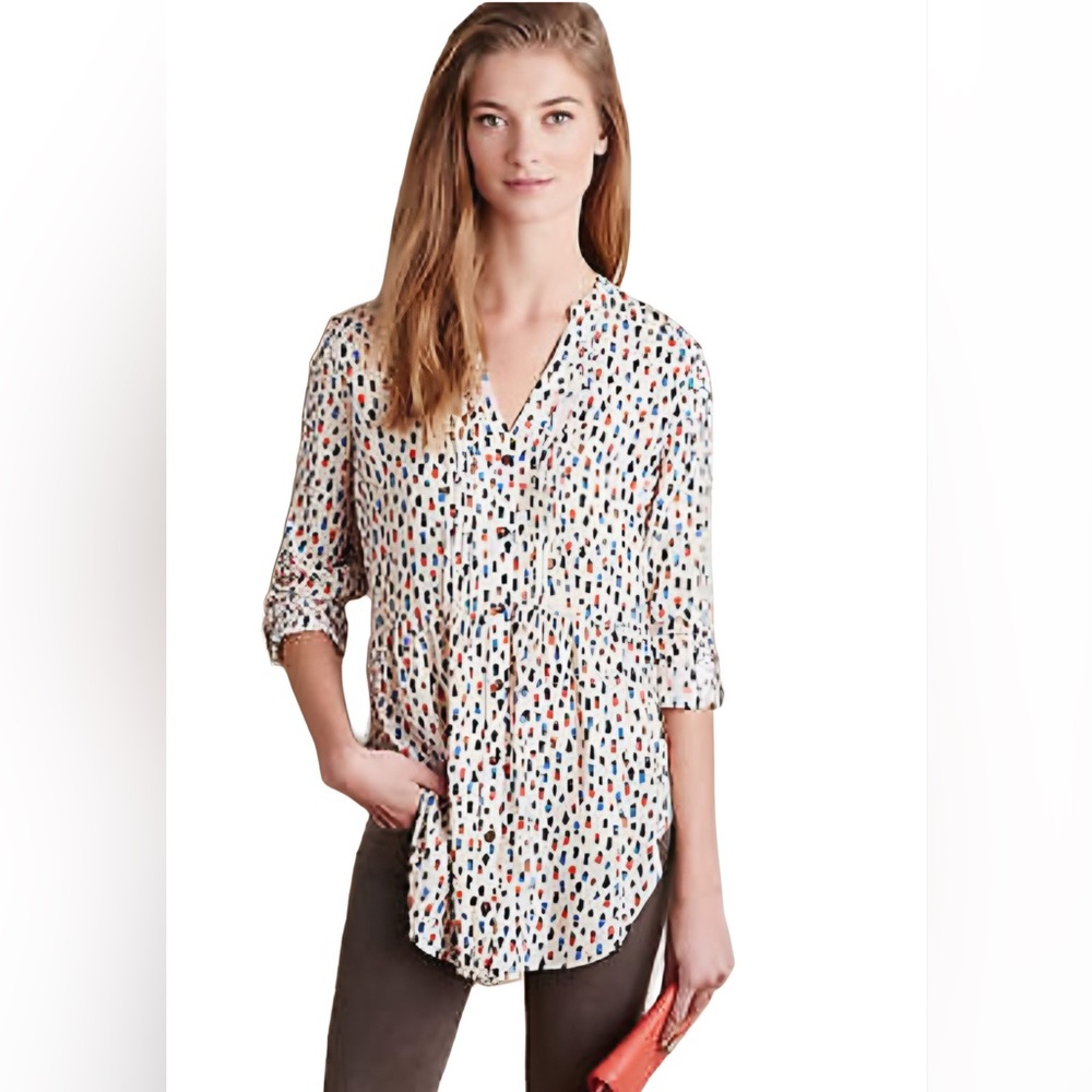 Anthropology Maeve Top Hat Calia Pin tuck Polka Dot Tunic Blouse - M